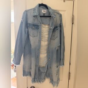 Light Wash Distressed Long Denim Jacket - Women